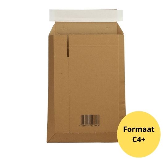 G&F Verpakkingen C4+ kartonnen envelop 248x340x50 geopend, toont interne afmetingen en de stevige golfkartonstructuur